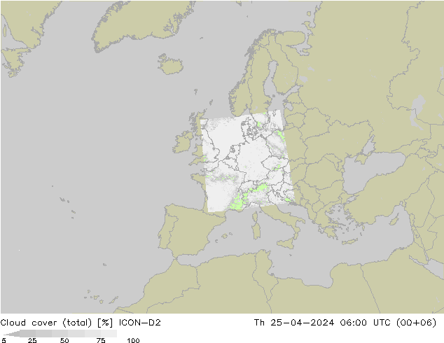 Cloud cover (total) ICON-D2 Th 25.04.2024 06 UTC