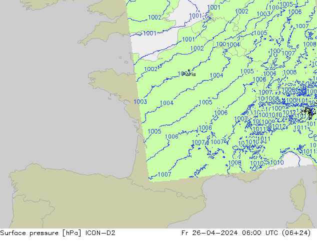 Atmosférický tlak ICON-D2 Pá 26.04.2024 06 UTC