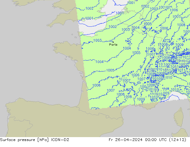 Surface pressure ICON-D2 Fr 26.04.2024 00 UTC