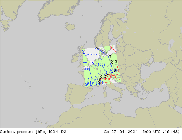 Presión superficial ICON-D2 sáb 27.04.2024 15 UTC