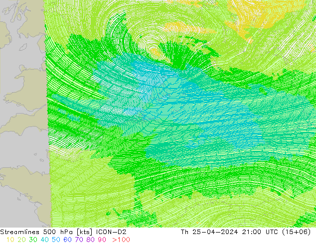 Streamlines 500 hPa ICON-D2 Th 25.04.2024 21 UTC