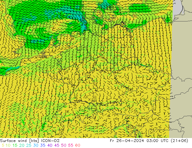 Surface wind ICON-D2 Fr 26.04.2024 03 UTC
