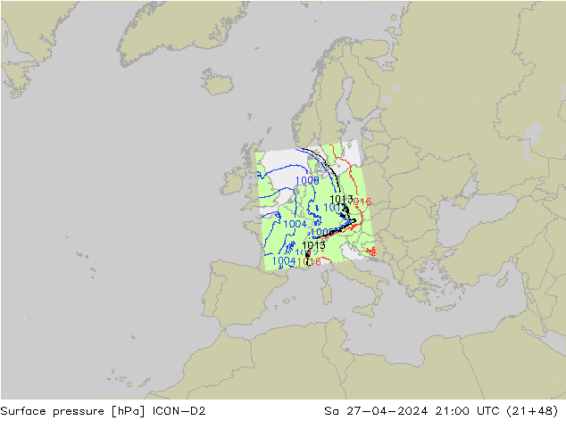 Atmosférický tlak ICON-D2 So 27.04.2024 21 UTC