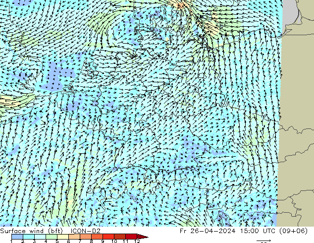 Surface wind (bft) ICON-D2 Fr 26.04.2024 15 UTC