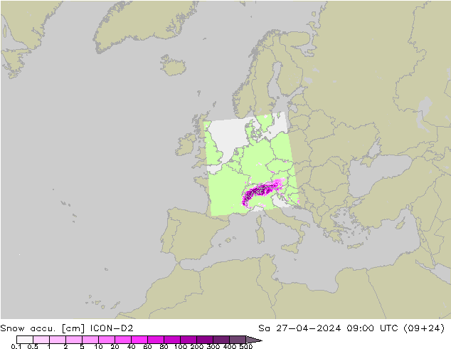 Schneemenge ICON-D2 Sa 27.04.2024 09 UTC