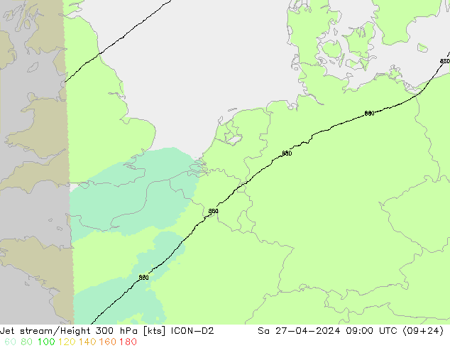 Prąd strumieniowy ICON-D2 so. 27.04.2024 09 UTC