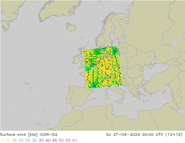 Surface wind ICON-D2 Sa 27.04.2024 00 UTC