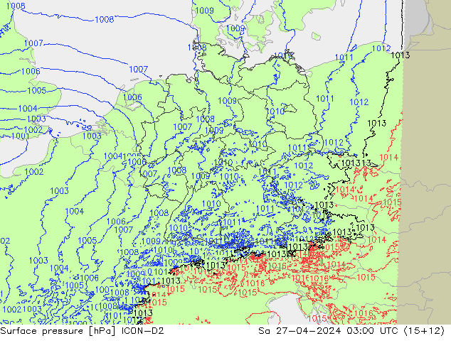 Surface pressure ICON-D2 Sa 27.04.2024 03 UTC