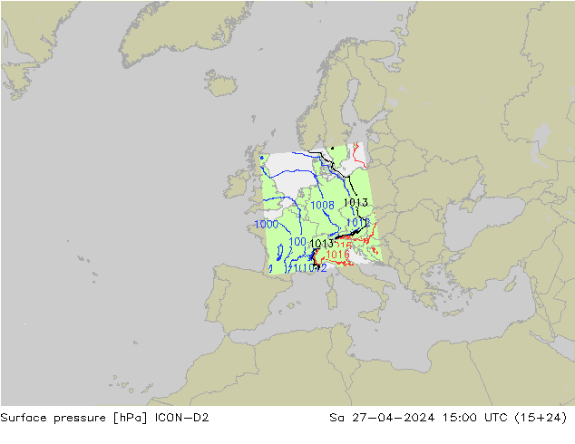 Pressione al suolo ICON-D2 sab 27.04.2024 15 UTC