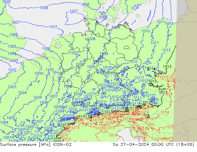 pressão do solo ICON-D2 Sáb 27.04.2024 00 UTC