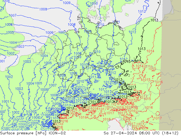 pression de l'air ICON-D2 sam 27.04.2024 06 UTC