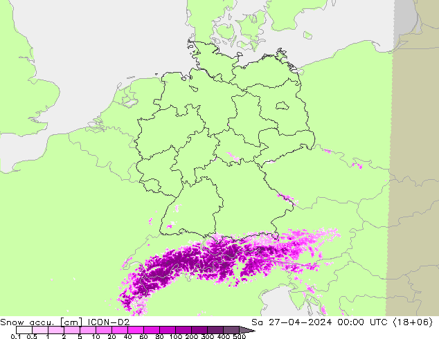 Snow accu. ICON-D2 Sa 27.04.2024 00 UTC