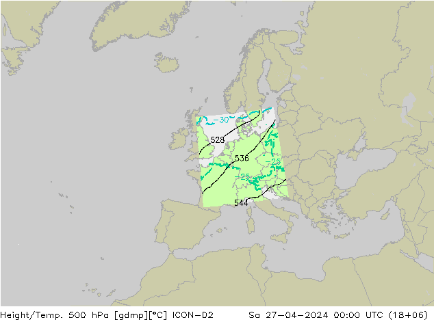 Height/Temp. 500 hPa ICON-D2 Sa 27.04.2024 00 UTC