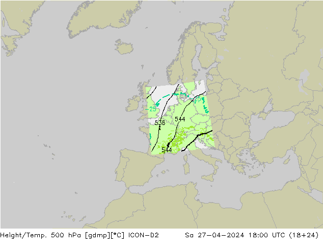 Height/Temp. 500 hPa ICON-D2 Sa 27.04.2024 18 UTC