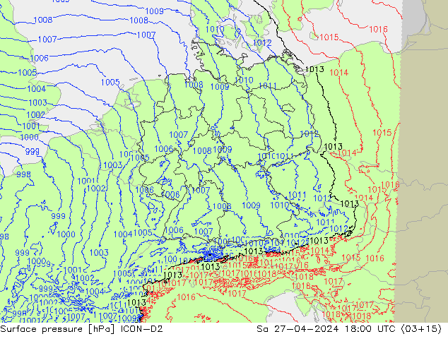 Surface pressure ICON-D2 Sa 27.04.2024 18 UTC