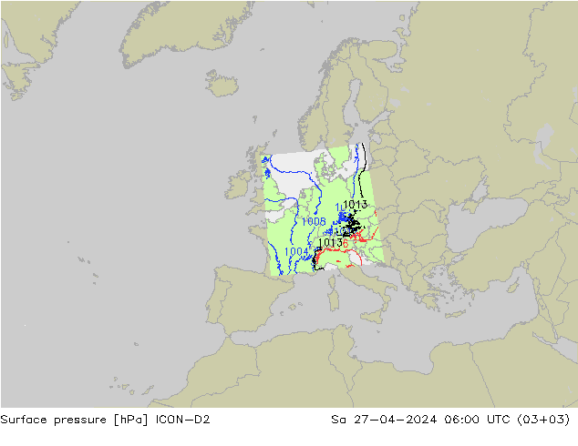 Atmosférický tlak ICON-D2 So 27.04.2024 06 UTC