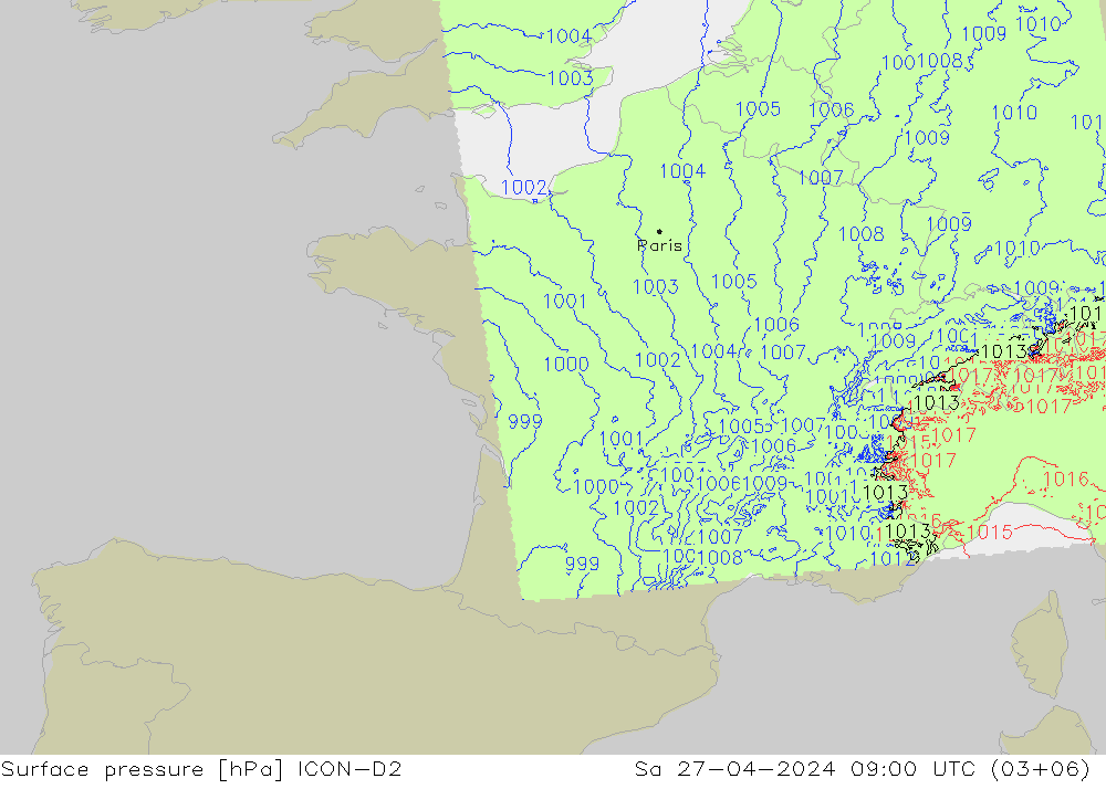 Surface pressure ICON-D2 Sa 27.04.2024 09 UTC