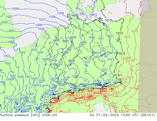 Atmosférický tlak ICON-D2 So 27.04.2024 10 UTC