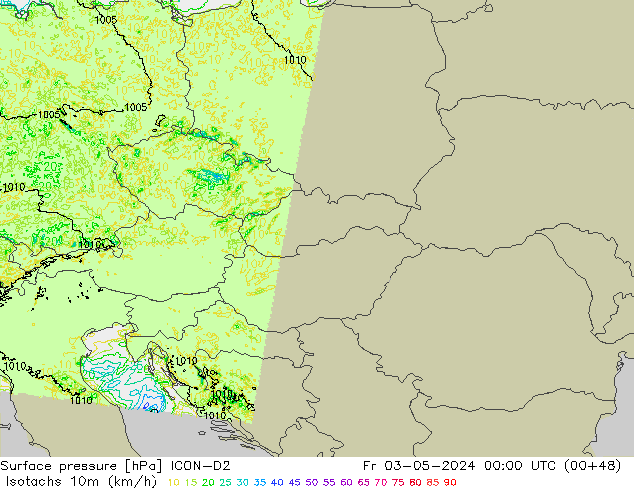 Izotacha (km/godz) ICON-D2 pt. 03.05.2024 00 UTC