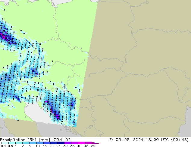 Totale neerslag (6h) ICON-D2 vr 03.05.2024 00 UTC