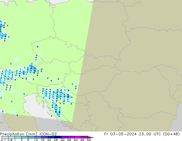Srážky ICON-D2 Pá 03.05.2024 00 UTC