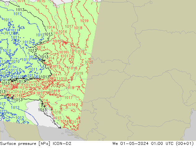 Surface pressure ICON-D2 We 01.05.2024 01 UTC