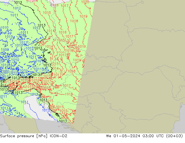 Surface pressure ICON-D2 We 01.05.2024 03 UTC