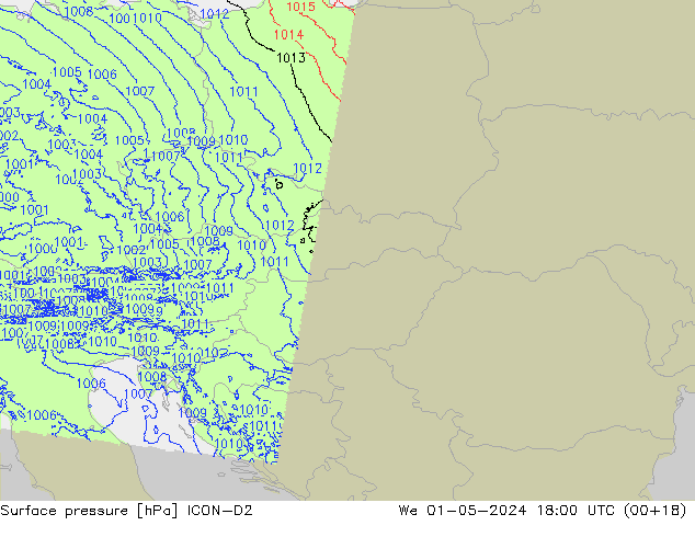 Presión superficial ICON-D2 mié 01.05.2024 18 UTC