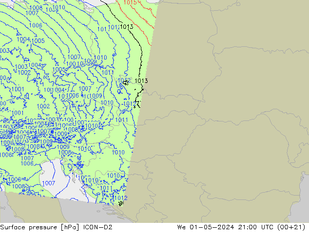 Surface pressure ICON-D2 We 01.05.2024 21 UTC