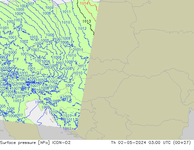 Surface pressure ICON-D2 Th 02.05.2024 03 UTC