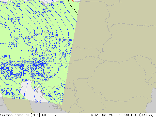 Surface pressure ICON-D2 Th 02.05.2024 09 UTC