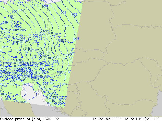 Surface pressure ICON-D2 Th 02.05.2024 18 UTC