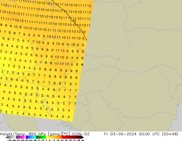 Hoogte/Temp. 850 hPa ICON-D2 vr 03.05.2024 00 UTC