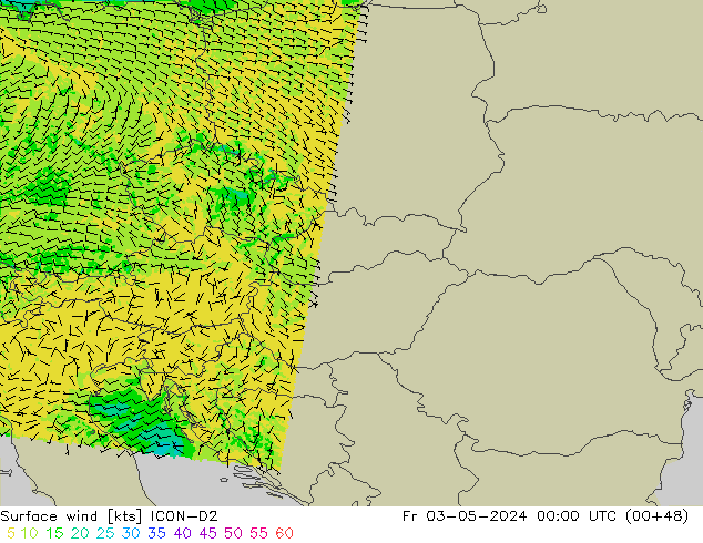 Vento 10 m ICON-D2 ven 03.05.2024 00 UTC