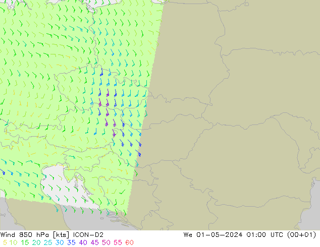 Vent 850 hPa ICON-D2 mer 01.05.2024 01 UTC