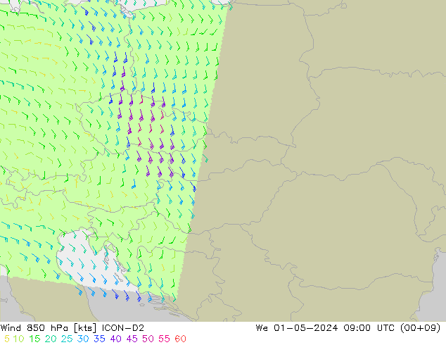 Wind 850 hPa ICON-D2 We 01.05.2024 09 UTC