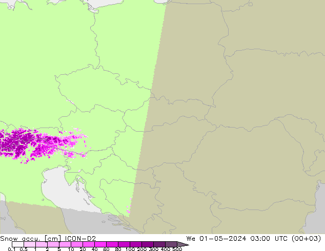 Snow accu. ICON-D2 St 01.05.2024 03 UTC