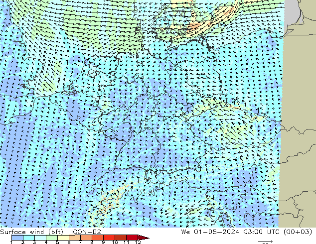 Surface wind (bft) ICON-D2 St 01.05.2024 03 UTC