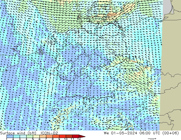 Wind 10 m (bft) ICON-D2 wo 01.05.2024 06 UTC