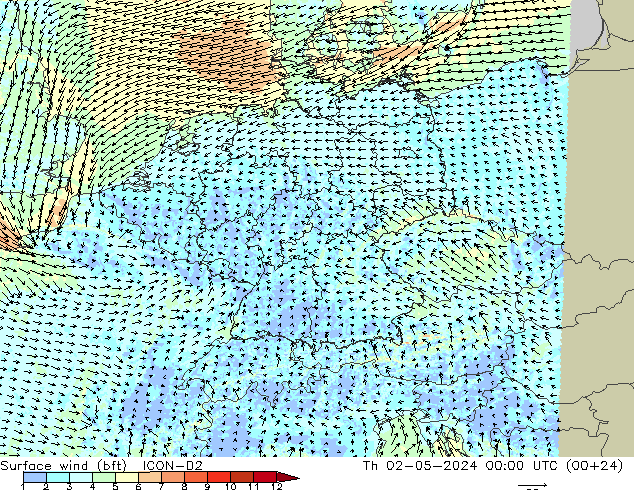 Surface wind (bft) ICON-D2 Čt 02.05.2024 00 UTC