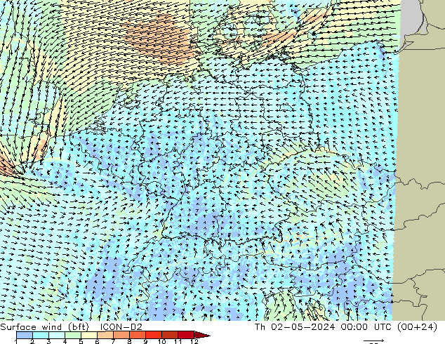 Vento 10 m (bft) ICON-D2 gio 02.05.2024 00 UTC
