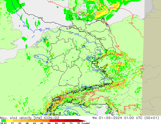 Max. wind velocity ICON-D2 mer 01.05.2024 01 UTC