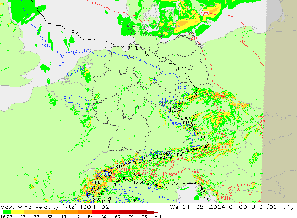 Max. wind velocity ICON-D2 Qua 01.05.2024 01 UTC