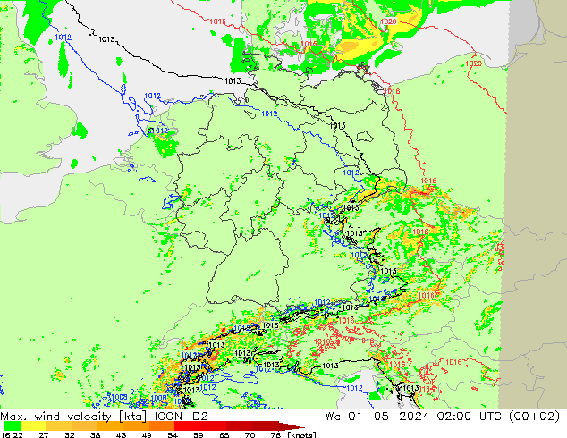 Max. wind velocity ICON-D2 mer 01.05.2024 02 UTC