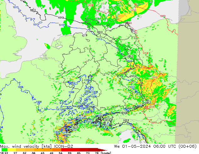 Max. wind velocity ICON-D2 We 01.05.2024 06 UTC