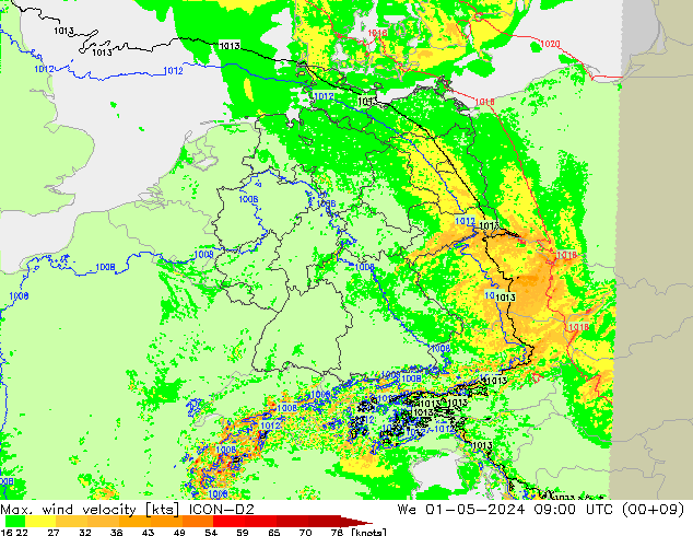 Max. wind velocity ICON-D2 We 01.05.2024 09 UTC