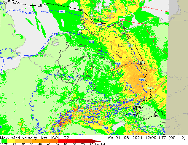 Max. wind velocity ICON-D2 We 01.05.2024 12 UTC