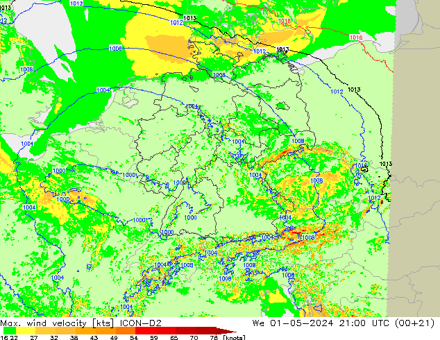 Max. wind velocity ICON-D2 Qua 01.05.2024 21 UTC