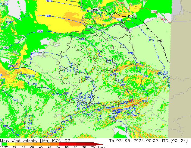 Max. wind snelheid ICON-D2 do 02.05.2024 00 UTC