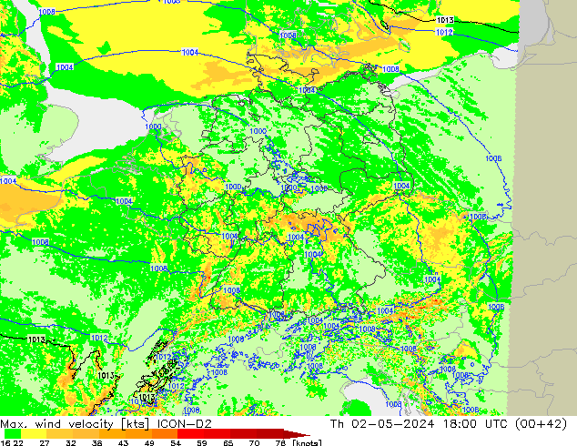 Max. wind velocity ICON-D2  02.05.2024 18 UTC